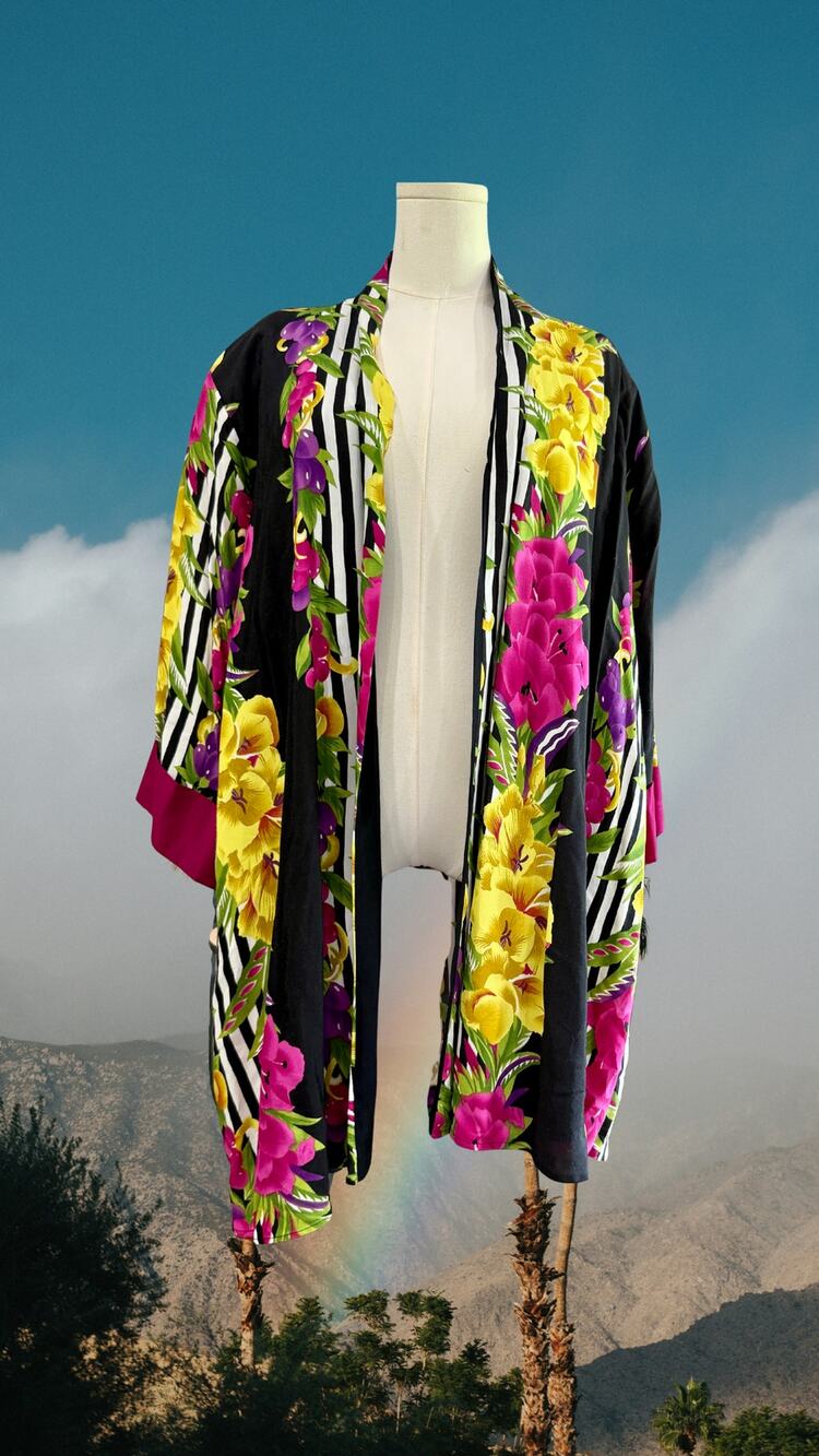 Volup Vintage Y2K La Mirage Floral Striped Kimono Duster Magenta Cuffs Size 18